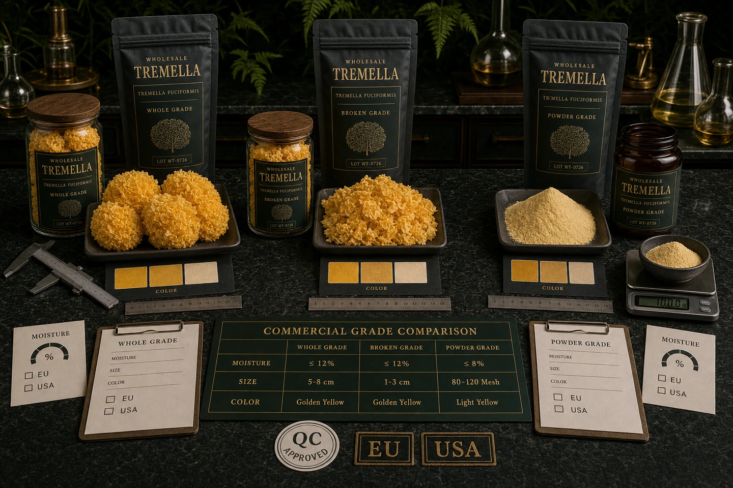 Commercial Tremella Comparison: Whole, Broken and Powder Grades - professional Tremella wholesale visual